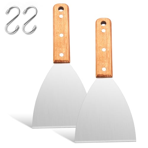 Grillspachtel, Joyfair 2 Stück Plancha Spachtel Küchenspachtel Set, Grill Spachtel Edelstahl mit Holzgriff, Pizzaspatel für BBQ/Küche/Kochen/Reinigen, Schräger Rand & & 2 Haken von Joyfair