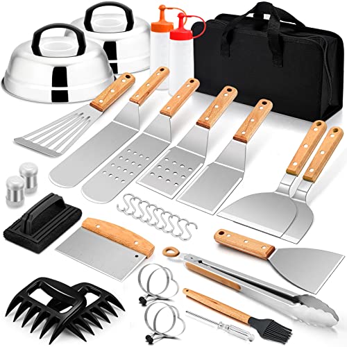 Joyfair 35-teiliges Grill-Zubehör-Set, Edelstahl-Grill-Werkzeug-Set mit Schmelzkuppel, professioneller, robuster Pfannenwender mit Holzgriff für Flattop Teppanyaki Camping Kochen von Joyfair