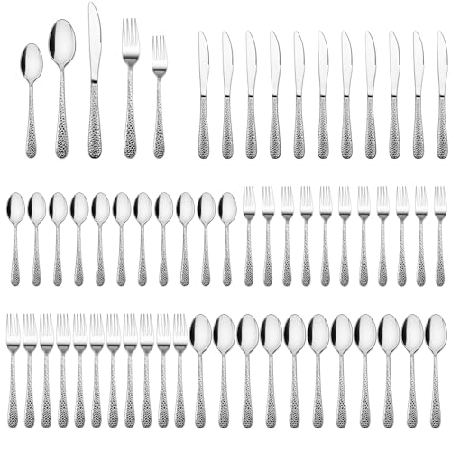 Joyfair Besteck Set 12 Personen, 60-teiliges Edelstahl Gehämmertes Besteckset mit Messer Gabel Löffel, Elegantes Essbesteck für Haus/Party/Restaurant, Hochglanzpoliert & Spülmaschinenfest von Joyfair