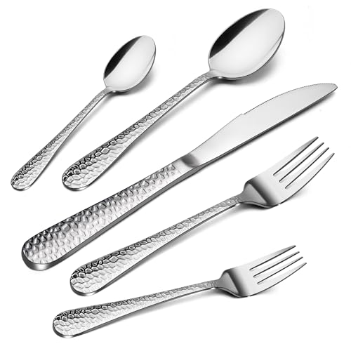 Joyfair Besteck Set 6 Personen, 30-teiliges Edelstahl Gehämmertes Besteckset mit Messer Gabel Löffel, Elegantes Essbesteck für Haus/Party/Restaurant, Hochglanzpoliert & Spülmaschinenfest von Joyfair