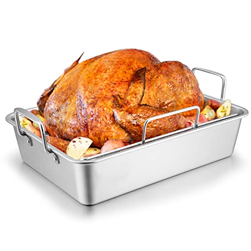 Joyfair Bräter mit Rost für Truthahn-Huhn, Edelstahl-Bräter und V-Gestell für Toaster, rechteckiges Backgeschirr mit stabilen Griffen, robust und spülmaschinenfest (groß) von Joyfair