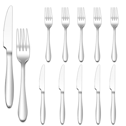 Joyfair Gabel und Messer Set, 12 Stück Edelstahl Steakbesteck Set für 6 Personen, Hochglanzpoliert Besteck Set für Haus/Restaurant, 6 Tafelmesser (23cm) + 6 Tafelgabeln (20cm) - Spülmaschinenfest von Joyfair