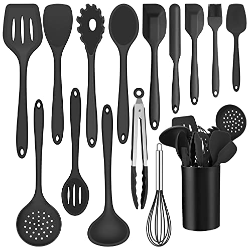 Küchenhelfer Set, Joyfair 15-teiliges Silikon Kochutensilien Kochbesteck Set, Hitzebeständiger Kochgeschirr mit Utensilienhalter, Antihaft Kochset Küchenutensilien, Spülmaschinenfest - Schwarz von Joyfair