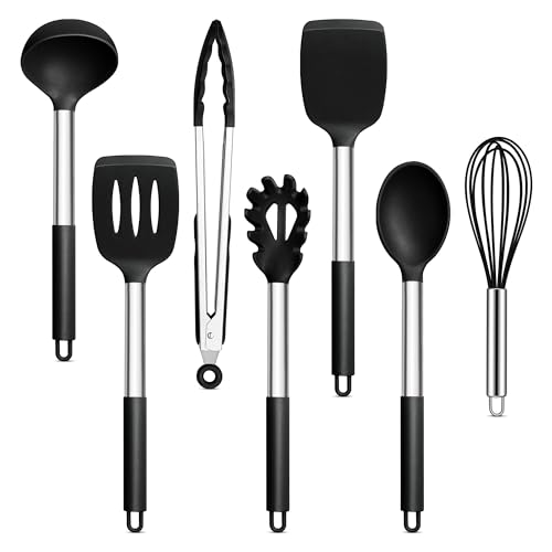 Joyfair Küchenhelfer Set, 7 Stück Kochbesteck Küchenutensilien Set, Schwarz Antihaft Hitzebeständiger Pfannenwender Kochutensilien zum Kochen/Backen/Flip, Leicht zu Reinigen & Spülmaschinenfest von Joyfair