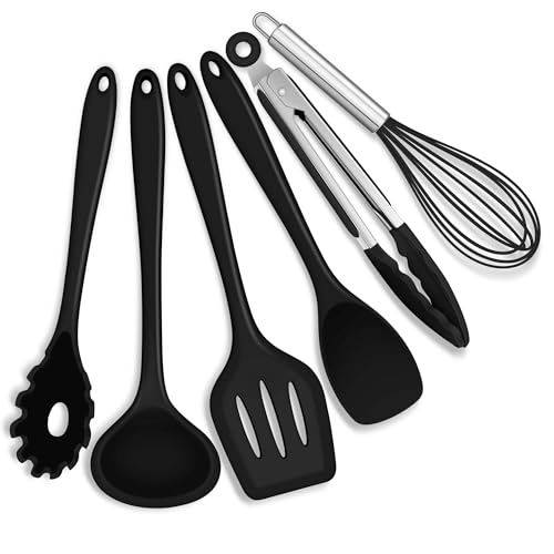 Joyfair Küchenutensilien Set, 6 Stück Silikon Küchenhelfer Kochbesteck Set, Schwarz Antihaft Pfannenwender Küchenset zum Kochen & Backen, Hitzebeständiger & Lebensmittelqualität, Spülmaschinenfest von Joyfair