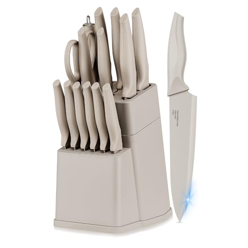 Joyfair Messerblock mit Messer, 15-teiliges Hochwertig Carbon Edelstahl Messerset mit Wetzstahl, Scharf Messer Set mit Kochmesser, Brotmesser, Schere, Küchenmesser für Hacken, Schneiden, Khaki von Joyfair