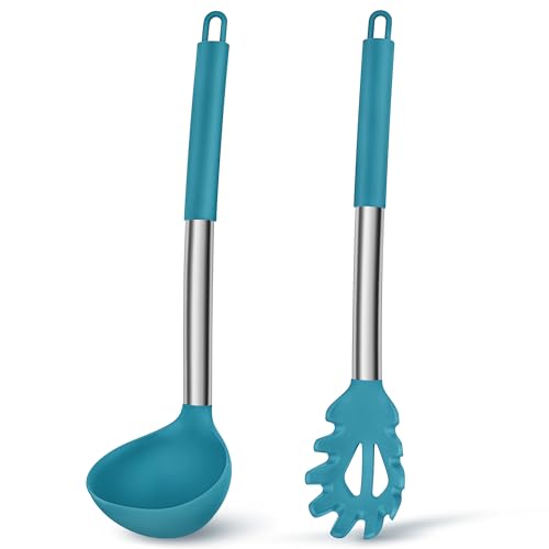 Joyfair Suppenkelle und Spaghettilöffel Set, 2-teiliges Silikon Schöpfkelle und Nudellöffel mit Griff aus Edelstahl zum Kochen/Rühren/Servieren/Ablassen, Gesund & Antihaft, Spülmaschinenfest - Blau von Joyfair