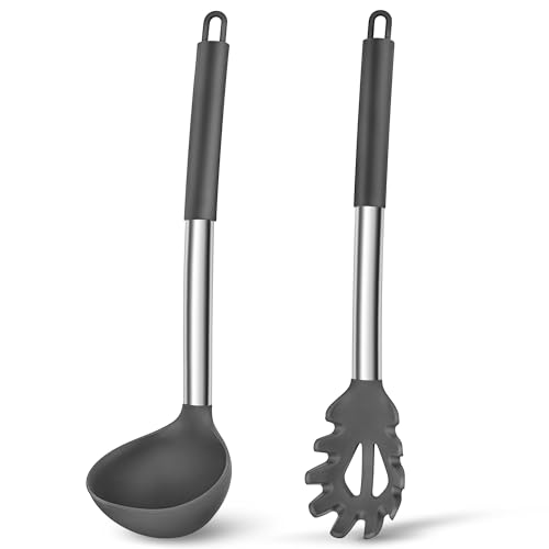 Joyfair Suppenkelle und Spaghettilöffel Set, 2-teiliges Silikon Schöpfkelle und Nudellöffel mit Griff aus Edelstahl zum Kochen/Rühren/Servieren/Ablassen, Gesund & Antihaft, Spülmaschinenfest - Grau von Joyfair