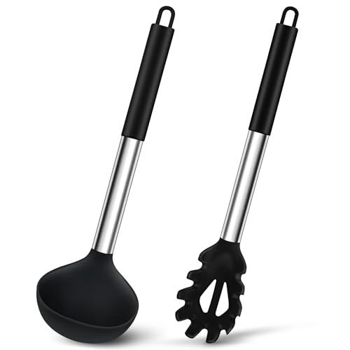 Joyfair Suppenkelle und Spaghettilöffel Set, 2-teiliges Silikon Schöpfkelle und Nudellöffel mit Griff aus Edelstahl zum Kochen/Rühren/Servieren/Ablassen, Gesund & Antihaft, Spülmaschinenfest - Schwarz von Joyfair