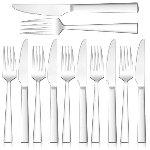 Joyfair Steakbesteck Set, Edelstahl 6 Tafelmesser und 6 Tafelgabeln Set, Steak Besteck Set für 6 Personen, Gabeln und Messer Set für Haus/Restaurant/Hotel, Hochglanzpoliert & Spülmaschinenfest von Joyfair