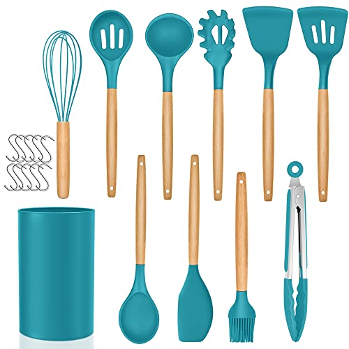 Küchenhelfer Set, Joyfair 21 Stück Silikon Küchenutensilien Set, Antihaft Kochutensilien Set mit Utensilienhalter, Hitzebeständiger Kochbesteck Set mit Holzgriff, Leicht zu Reinigen - Blau von Joyfair