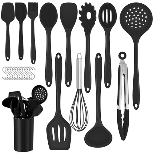 Küchenhelfer Set, Joyfair 25 Teiliges Silikon Küchenutensilien Kochbesteck Set, Antihaft Hitzebeständiger Kochutensilien Kochgeschirr mit Utensilienhalter & S-Haken, Spülmaschinenfest - Schwarz von Joyfair