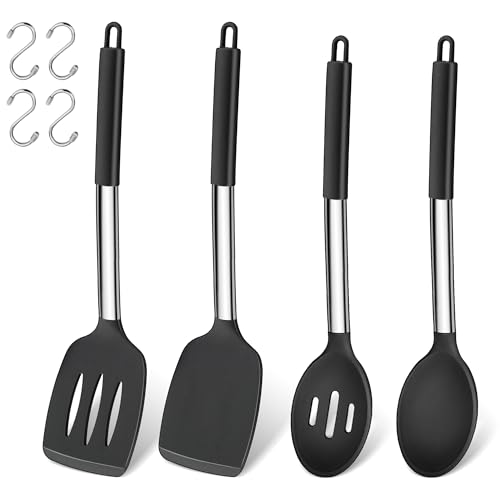 Küchenhelfer Set, Joyfair 4 Stück Silikon Pfannenwender und Kochlöffel Set, Hitzebeständig Küchenutensilien Set mit Edelstahlgriff, Kochbesteck für Kochen/Backen/Flip, Spülmaschinenfest - Schwarz von Joyfair