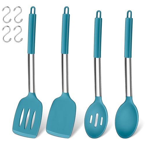 Küchenhelfer Set, Joyfair 4 Stück Silikon Pfannenwender und Kochlöffel Set, Hitzebeständig Küchenutensilien Set mit Edelstahlgriff, Kochbesteck für Kochen/Backen/Flip, Spülmaschinenfest - Blau von Joyfair