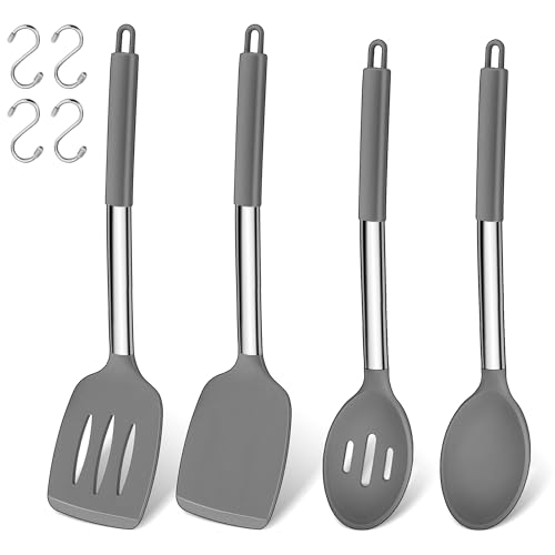 Küchenhelfer Set, Joyfair 4 Stück Silikon Pfannenwender und Kochlöffel Set, Hitzebeständig Küchenutensilien Set mit Edelstahlgriff, Kochbesteck für Kochen/Backen/Flip, Spülmaschinenfest - Grau von Joyfair