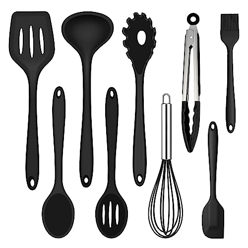 Küchenhelfer Set, Joyfair 9 Stück Schwarz Küchenutensilien Silikon, Hitzebeständiges Kochutensilien Kochgeschirr Set mit Pfannenwender Schneebesen Grillzange, Antihaft Kochbesteck zum Kochen & Backen von Joyfair