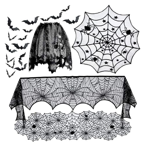 5 Pack Halloween Dekorationen Schwarze Spitze Tischdecke Tischläufer Mantel Schalschitzel Wtih 16pcs Scary 3D Bat Gothic Spiderweb Dekor für Home Party Halloween Tischläufer von Joygoodta