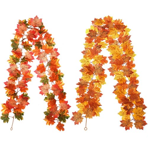 Herbstblätter Garland 2pcs 39in realistischer bilateraler Ahorn Herbstblätter Dekor tragbare Erntedankfest -Dekor für Weihnachten Hauskamin Mantel wiederverwendbar von Joygoodta