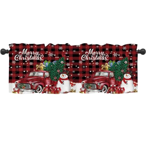 Joygoodta Weihnachtsvalancen für Fenster 54 x 18 Zoll Schneemann Auto Schneeflocken Weihnachtsküche Vorhänge mit Stangenpocke Kurzes Fensterbetrag für Küchen Wohnzimmer Schlafzimmer von Joygoodta
