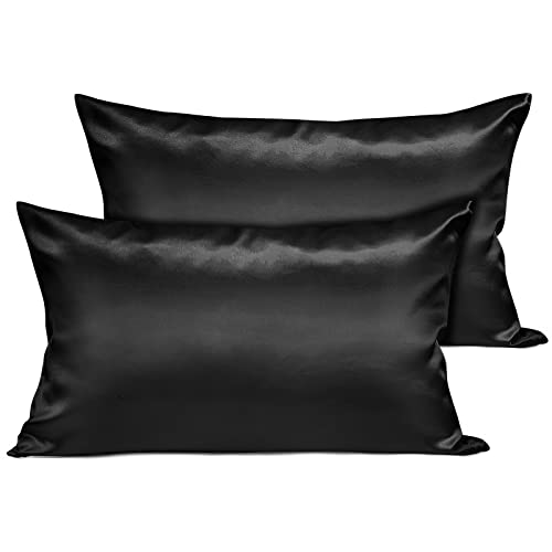 Joyhabit Luxus Satin Seiden Kissenbezug 40x80 cm, Schwarz, 2er Set Superweicher & Glatter Kopfkissenbezug, Hautschützend für Tiefen Schlaf von Joyhabit