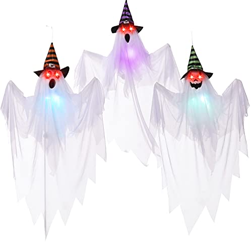 Joyin Halloween Geister 75cm mit Hexenhüten (3 Stück), leuchtende hängende Geister mit gruseligen roten Augen für Halloween, Garten, Terrasse, Party und Süßes-oder-Saures-Party von Joyin