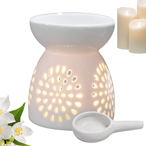 Keramik Ölbrenner Ausgehöhlt Aroma Diffuser Teelicht Duftlampe Aus Keramik Weiß Mit Candle Löffel | Schicker Teelichthalter Aromalampe Duftöl Kerzenhalter Aromabrenner Für Büro,Schlafzimmer,Wohnzimmer von Joyivike