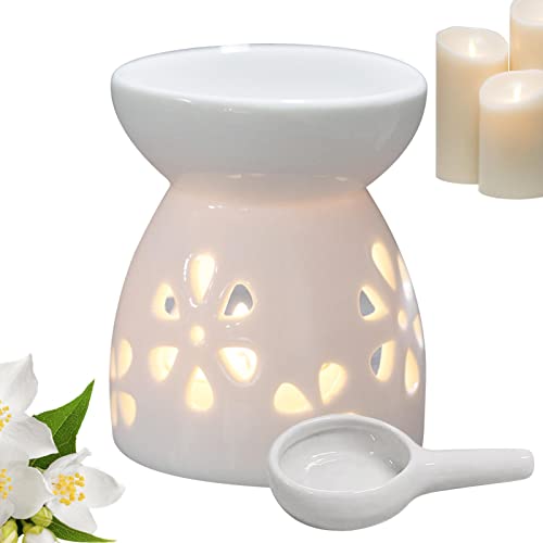 Keramik Ölbrenner Ausgehöhlt Aroma Diffuser Teelicht Duftlampe Aus Keramik Weiß Mit Candle Löffel | Schicker Teelichthalter Aromalampe Duftöl Kerzenhalter Aromabrenner Für Büro,Schlafzimmer,Wohnzimmer von Joyivike