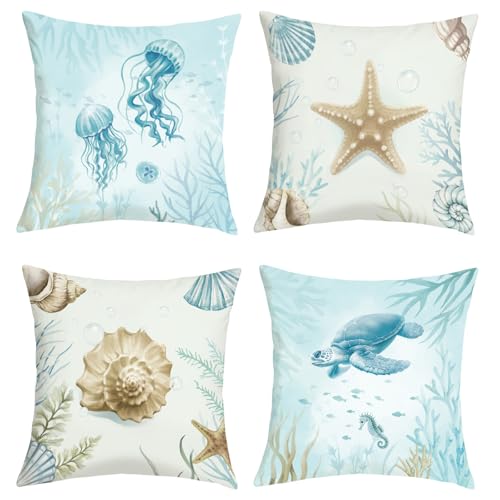 Joymaison Kissenbezüge 50x50 cm 4er Set Sommer Ozean Strand Seestern Meeresschildkröte Dekorative Kissenbezug Unterwasser Quallen Muscheln Deko Kissenhülle für Sofa Couch Schlafzimmer Wohnzimmer von Joymaison