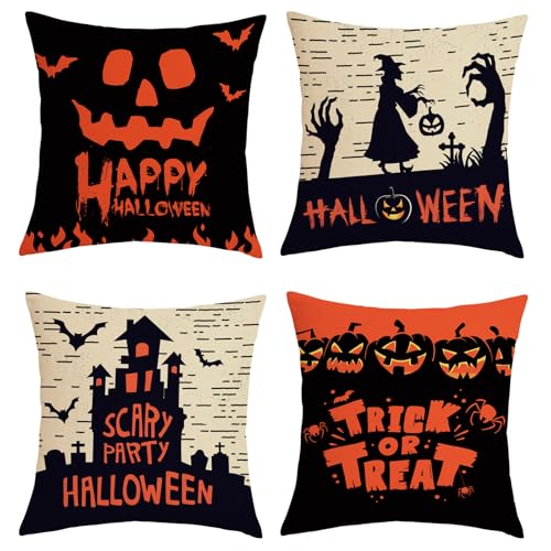 Joymasion Happy Halloween Süßes oder Saures Kissenbezüge, 4 Stück, gruseliger Geist, Kürbis, Fledermäuse, quadratisch, Dekokissen, Sofakissen mit unsichtbarem Reißverschluss Joymasion Happy Halloween Süßes oder Saures Kissenbezüge, 4 Stück, gruseliger Geist, Kürbis, Fledermäuse, quadratisch, Dekokissen, Sofakissen mit unsichtbarem Reißverschluss von Joymaison