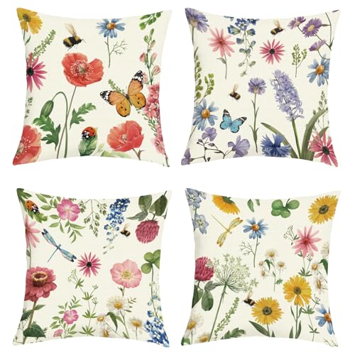 Joymasion Kissenbezüge 45x45 cm 4er Set Frühling Sommer Blumen Dekorative Kissenbezug Gartenblumen Libelle Schmetterlinge Deko Kissenhülle für Sofa Couch Schlafzimmer Wohnzimmer von Joymaison