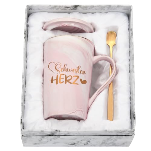 Joymaking Beste Schwester Geschenk Kaffeetasse - Tasse Mit Spruch für Freundin, Herz Geburtstagsgeschenk, Freundschaft Geschenk, 400ml Rosa von Joymaking