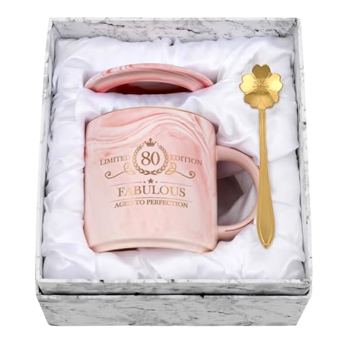 Joymaking Geburtstagsgeschenk für sie zum 80. Geburtstag, Set mit rosa Keramik-Kaffeetasse (340 ml) in Geschenkbox, Geburtstagsgeschenk für Mutter, Kollegen, Freund, Chef von Joymaking
