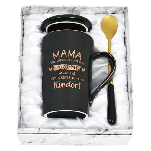 Joymaking Geschenktasse für Mama Kaffeetasse Geschenkidee Muttertag Geburtstag Geschenktasse mit Spruch - Egal was im Leben auf dich zukommt wenigstens hast du keine hässlichen Kinder, 400ML Schwarz von Joymaking