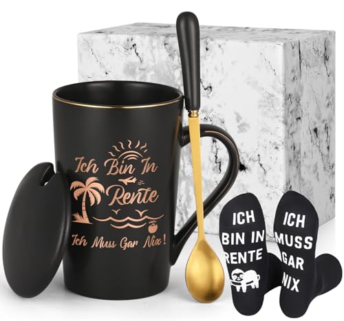 Joymaking Kaffee Tassen Ruhestand Geschenk für Männer - Ich bin in Rente Ich Muss Gar Nix - Renteneintritt Geschenk mit Socke für Kollegen, Chef, Freunde Rentner Geschenk, 400ml Schwarz von Joymaking
