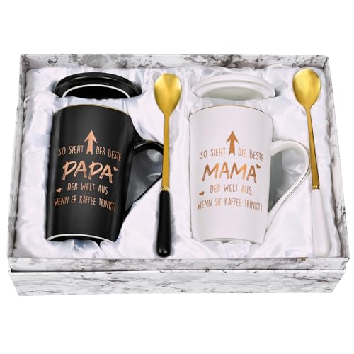 Joymaking Kaffeetass Geschenk Set für Mama Papa zum Vatertag Muttertag Weihnachten Geburtstag Geschenk von Kindern Papa Mama Tasse mit Spruch - So sieht der beste Papa/Mama der Welt aus, 400ml von Joymaking