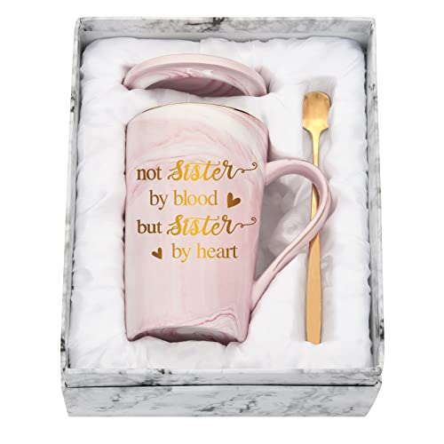 Joymaking Kaffeetasse, Geschenk für beste Freundin, Geburtstagsgeschenke, personalisierte Kaffeetasse, Geschenk für Freunde, Not Sisters by Blood But Sister by Heart, 400 ml, Rosa von Joymaking