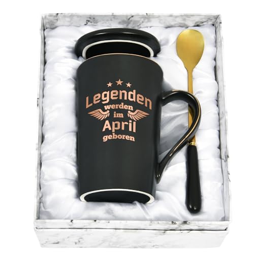 Joymaking Kaffeetasse Geburtstag Geschenk für Freund/Freundin, 400ml Geburtstag Geschenke Kaffeetasse mit Spruch - Legenden werden im April geboren, Schwarz von Joymaking