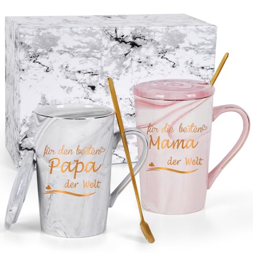 Joymaking Kaffeetasse Geschenk Set für die Beste Mama & Papa der Welt zum Muttertag Vatertag Weihnachten, Personalisierte Geschenkidee für Eltern, Grau und Rosa 400ml von Joymaking