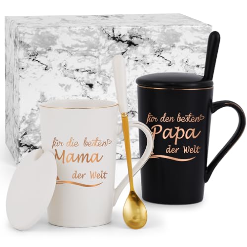 Joymaking Kaffeetasse Geschenk Set für die Beste Mama & Papa der Welt zum Muttertag Vatertag Weihnachten, Personalisierte Geschenkidee für Eltern, Schwarz und Weiß 400ml von Joymaking