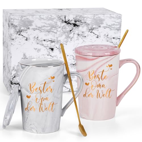 Joymaking Kaffeetasse Geschenk Set für die Beste Oma & Opa der Welt zum Muttertag Vatertag Weihnachten, Personalisierte Geschenkidee für Großeltern, Grau und Rosa 400ml von Joymaking