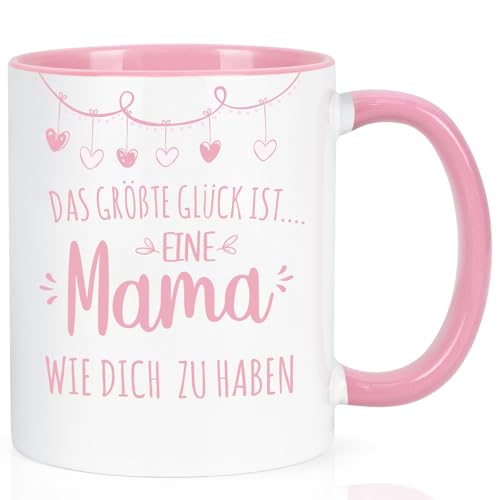 Joymaking Kaffeetasse Geschenk für Mama Muttertagsgeschenk Geburtstagsgeschenk Tasse mit Spruch - Das größte Glück ist eine Mama wie dich zu haben, Rosa 320ml von Joymaking