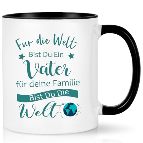 Joymaking Kaffeetasse Geschenk für Papa zum Geburtstag Vatertag Weihnachtsgeschenke, Beste Papa Geschenk Vatertagsgeschenk Tasse mit Spruch für Familie bist du die Welt, 320ml Schwarz von Joymaking