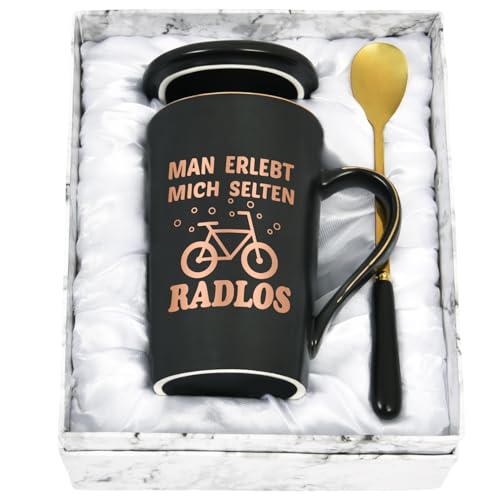 Joymaking Kaffeetasse Geschenke für Radfahrer Lustiges Geschenk Fahrradliebhaber mit Spruch - Man erlebt mich selten Radlos - Radfahrer Geschenke, 400ml Scwarz von Joymaking