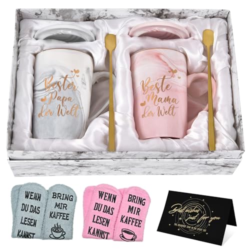 Joymaking Kaffeetasse Geschenkset mit Socke, Tasse Geschenk Beste Mama & Papa der Welt zum Muttertag Vatertag Weihnachten, Personalisierte Geschenkidee für Eltern 400ml Rosa und Grau Tasse Geschenkset von Joymaking