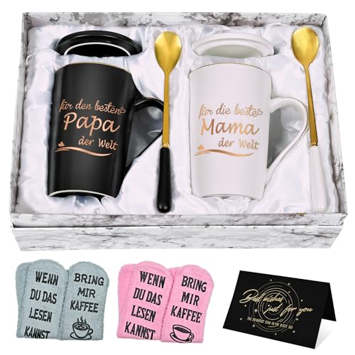 Joymaking Kaffeetasse Geschenkset mit Socke, Tasse Geschenk für die Beste Mama & Papa der Welt zum Muttertag Vatertag Weihnachten, Personalisierte Geschenkidee für Eltern 400ml Schwarz und Weiß von Joymaking