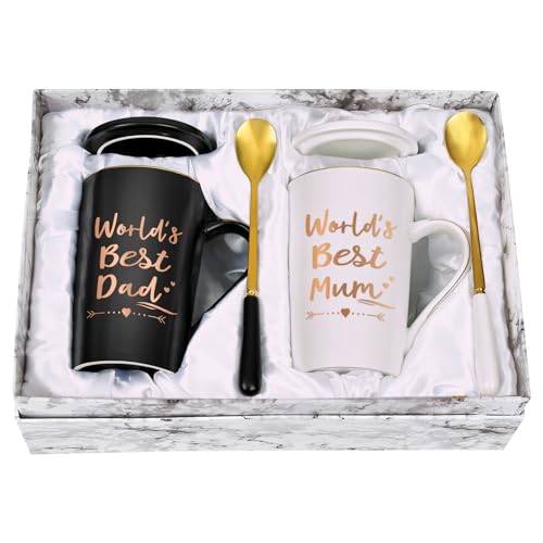 Joymaking Kaffeetassen-Set mit Aufschrift "World's Best Mum and Dad", Jahrestagsgeschenke für Eltern, 400 ml, Keramik-Kaffeetasse, Geburtstag, Weihnachten, Geschenke für Mama und Papa, personalisierte von Joymaking