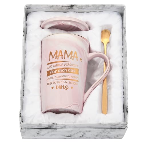 Joymaking Keramik Kaffeetasse Geschenk für Mama zum Weihnachten Geburtstag Muttertag, 400ml Rosa Tasse Mama Geschenk Weihnachten Geburtstaggeschenk Kaffeetasse mit Spruch - Du hast ja schon UNS von Joymaking