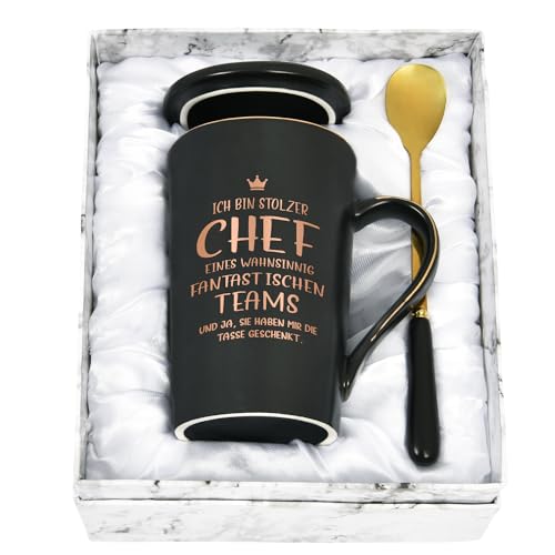 Joymaking Keramik Kaffeetasse mit Spruch - Ich bin stolzer Chef eines wahnsinnig fantastischen Teams - Chef Tass Geschenke zum Geburtstag Abschied Rentenbeginn Geschenk, Schwarz von Joymaking