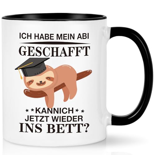 Joymaking Lustige Faultie Tasse Abitur Geschenke - Ich habe mein Abi Geschafft - Abschluss Geschenk zum Bestandenen Abitur Faultier Tasse für Abiturienten Junge Mädchen Schulabschluss, 320ml Schwarz von Joymaking