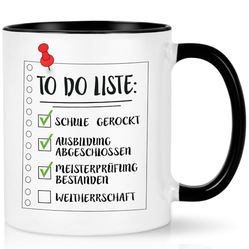 Joymaking Meisterprüfung Bestandene Geschenk Kaffee Tasse - To Do Liste Geschenk zur Bestandenen Meisterprüfung Geschenke Lustige Geschenke Idee für Freund Kinder, 320ml Schwarz von Joymaking